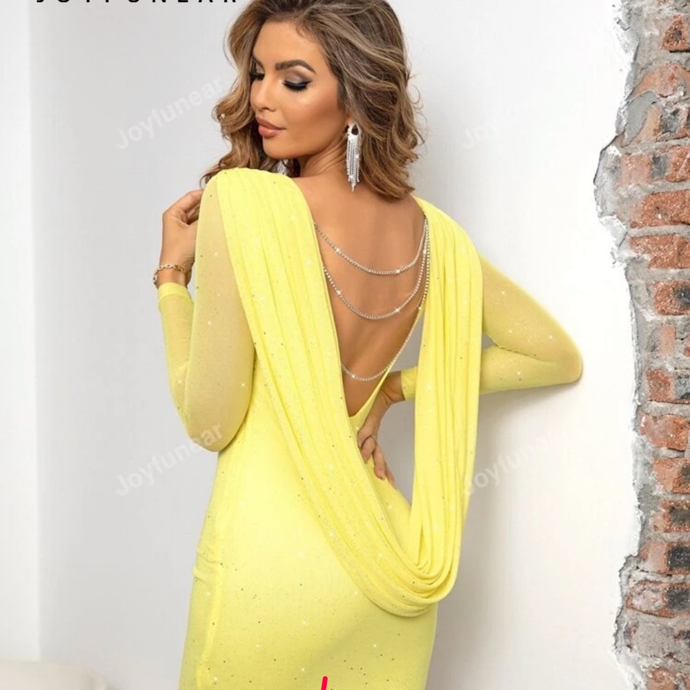 Yellow Draped Back Long Sleeve Dress